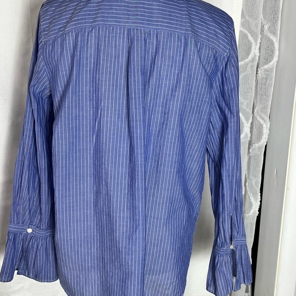 LOFT EMBROIDERED RUFFLE SLEEVE MENSWEAR STYLE BUTTON TOP, BLUE WHITE PINSTRIPE M - Picture 3 of 10